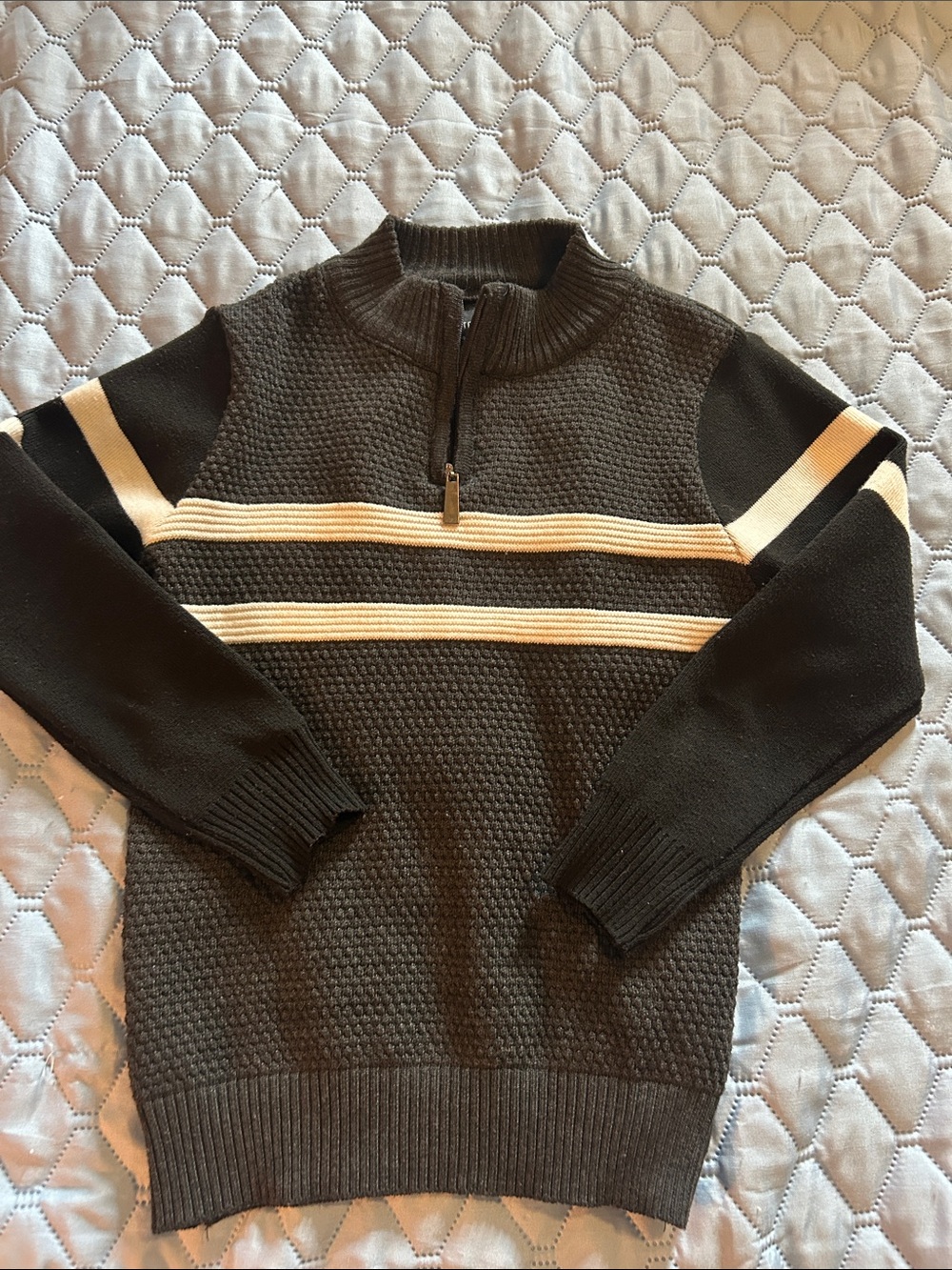 Kids Black Half-Zip Sweater with Cream Stripes